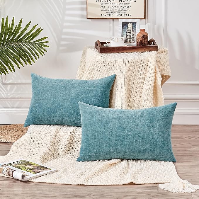 GAWAMAY Lumbar Decorative Rectangle Throw Pillow Covers 12"x20" Inch Set of 2, Super Soft Chenille Pillowcase for Sofa Living Room Bedroom Couch Cushion Cover Smoke Blue 30x50cm (ONLY Covers)