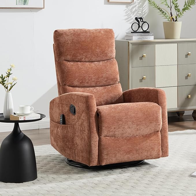 PELUMY Massage Recliner Chair with Heat - Manual Rocker Swivel Recliner, 360° Rotation & 155° Recline for Living Room（Linen Fabric, Orange）