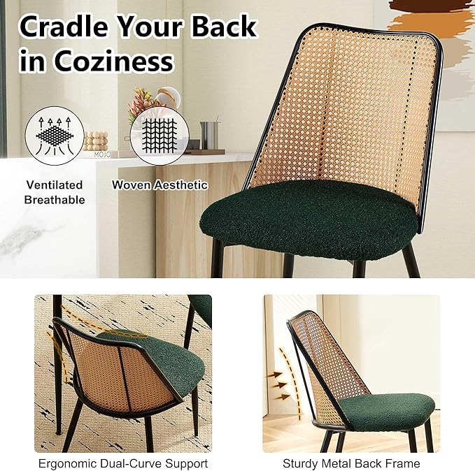 Green Dining Chairs Set of 4, Upholstered Home Kitchen Chairs Woven Rattan Back Boho Dining Room Chairs Comfortable with Metal Legs for Living Room Dining Hall