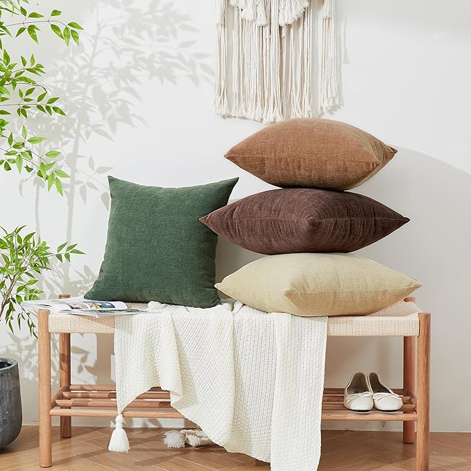 GAWAMAY Decorative Square Throw Pillow Covers 20x20 Inch Set of 2, Super Soft Chenille Pillows Farmhouse Fall Pillowcase for Living Room Bedroom Sofa Couch Cushion Cover Khaki 50x50cm (No Insert)