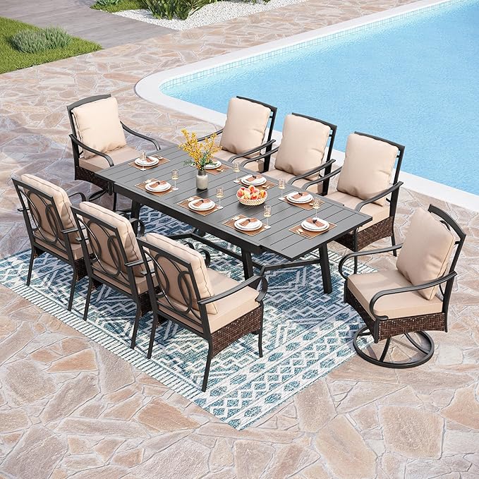 PHI VILLA Heavy Duty 9-Piece Patio Dining Sets, Expandable Outdoor Table and Chairs Set for 8, 8 Extra Large Dining Chairs(2 Swivel), Rectangular Metal Dining Table for Deck, Backyard and Garden