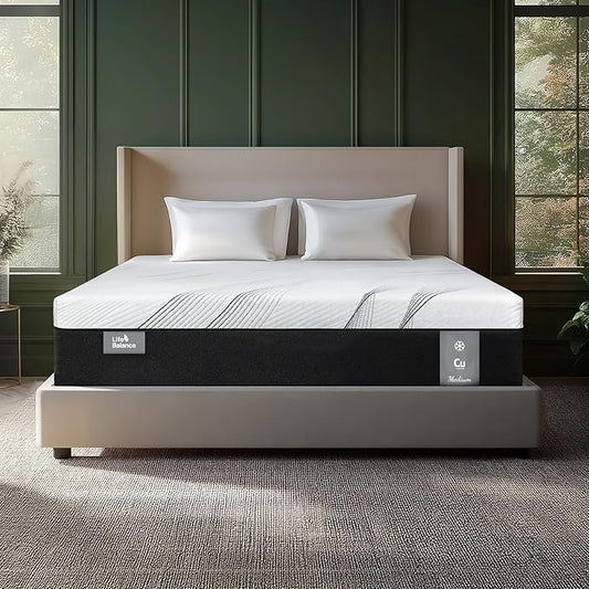 Life Balance Queen Hybrid Mattress 12 Inch, Made in USA, Medium, Copper Gel Memory Foam， Hypoallergenic & Odorless, Motion Isolation & Pressure Relief, Mattress in a Box