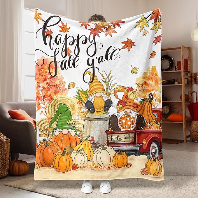 Fall Blanket, Fall Gnome Throw Blanket 50"X60", Autumn Decorations for Home Flannel Thanksgiving, Decorative, Cozy, Warm, Perfect for Bed, Couch, Movie Theater, Gift for Him or Her, Harvest Seasonal