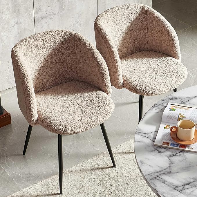 47" Round Kitchen Dining Table Set for 4, Two-Part White Marble Tabletop with Wood Strips, Industrial Home Kitchen Table Set with Brown Sherpa Barrel Dining Accent Side Chairs Comfy