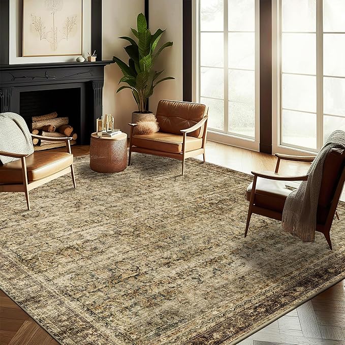 Area Rug 9x12 Washable Brown Vintage Traditional Mat Distressed Indoor Foldable Thin Retro Accent Floral Non Slip Carpet for Living Room Dining Room Office