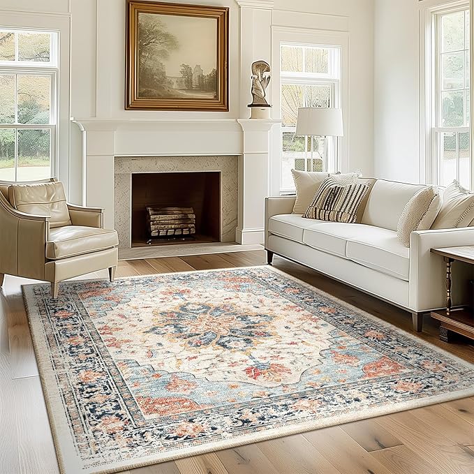 Area Rugs 6'x8' Washable Non-Slip, Floral Vintage Distress Print Pattern Medallion Carpet for Living Room Bedroom Dining Room, Beige Navy Blue Orange Colorful