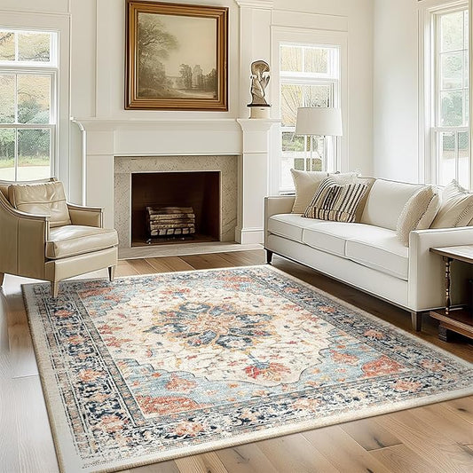 Area Rugs 6'x8' Washable Non-Slip, Floral Vintage Distress Print Pattern Medallion Carpet for Living Room Bedroom Dining Room, Beige Navy Blue Orange Colorful