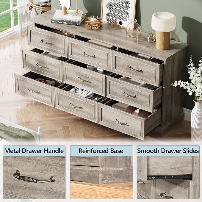 Dresser for Bedroom with 9 Drawer, Farmhouse Long Dresser for Closet,63'' Wide Rustic Wooden Chest of Drawers with Natural Wood Texture, Vintage Storage Organizer for Living Room, Hallway, Grey