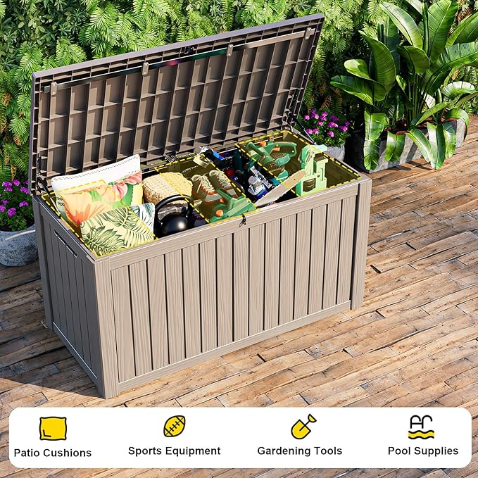 150 Gallon Outdoor Storage Box, Resin Waterproof UV-Resistant Deck Box with Hydraulic Lid Support, Reinforced Stability for Patio, Garden, and Poolside, Striped Gray