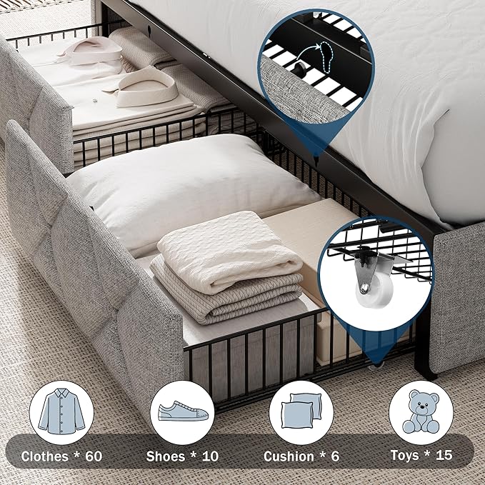 King Size Bed Frame with 4 Storage Drawers, Upholstered Platform Bed with Charging Station, Modern Wingback Storage Headboard, Easy Assembly,Noise-Free, Light Gray