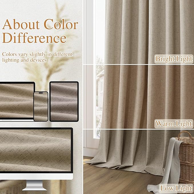 Guken Burlap Blackout Curtains 108 Inch Length 2 Panels Set for Living Room Bedroom Back Tab Thermal Insulated 100% Black Out Linen Drapes Room Darkening Window Curtains 108 Inches Long Burlap