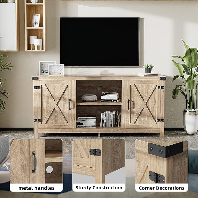 JUMMICO TV Stand, 65 Inch TV Farmhouse Entertainment Center with Double Barn Doors and Storage Cabinets, Console TV Table Media for Living Room, Bedroom (Pale Yellow)
