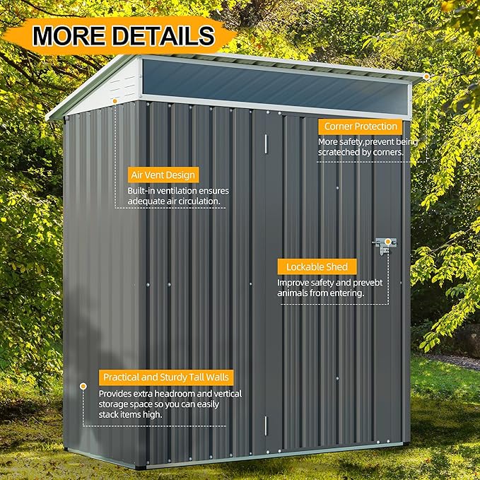Shintenchi 5x3 FT Outdoor Storage Shed with Window, Outdoor Waterproof Storage Shed Metal Garden Shed with Lockable Single Door,Weather Resistant Tool Storage House Shed for Garden,Backyard,Slate Gray