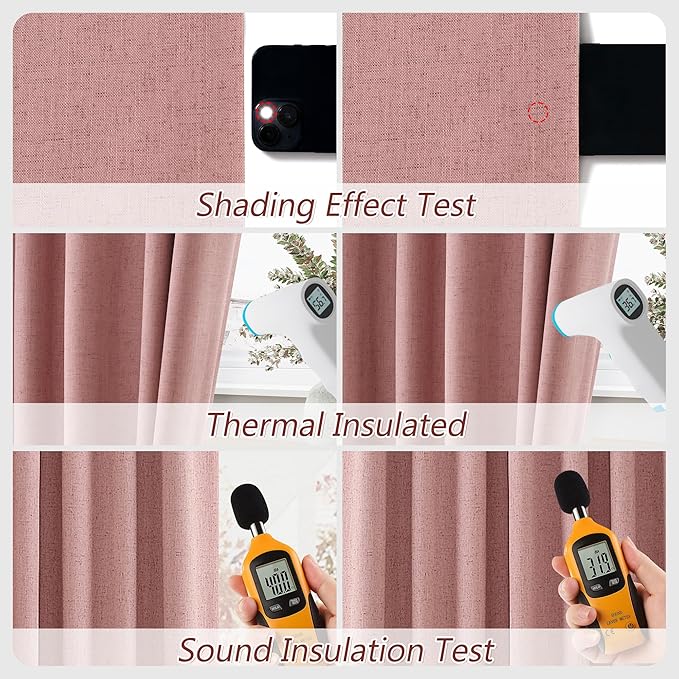 Guken Blush Pink Linen Blackout Curtains 72 Inch Length 2 Panels Set for Living Room Bedroom Back Tab Thermal Insulated 100% Black Out Linen Drapes Room Darkening Window