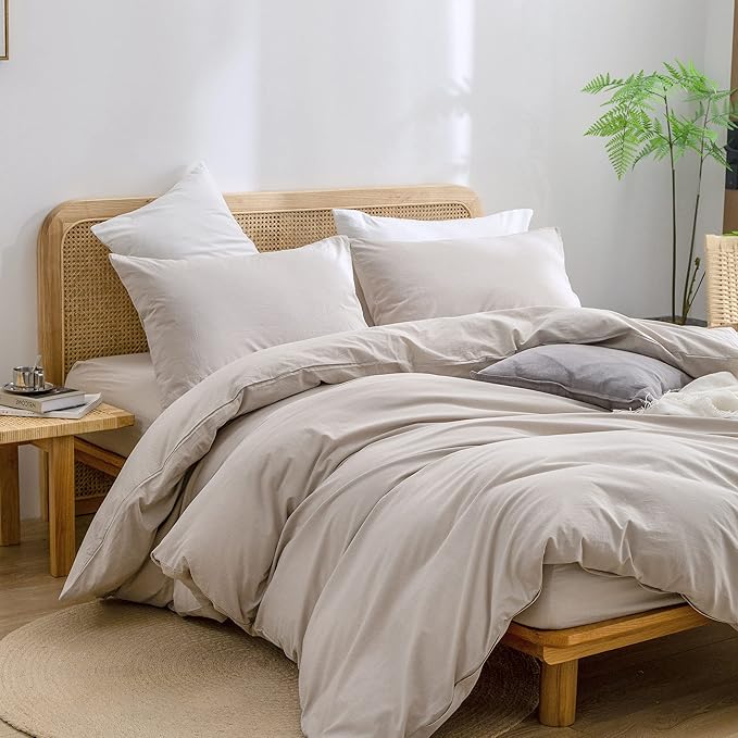 BESTOUCH Duvet Cover Set 100% Washed Cotton Linen Feel Super Soft Comfortable Chic Lightweight 3 PCs Home Bedding Set Solid Linen Grey Cal King