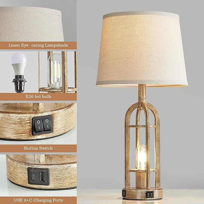 Table Lamps for Living Room End Table Set of 2 - Rustic Farmhouse Bedside Lamps for Bedroom Nightstand with Nightlight and USB A+C, 4 Bulbs Included