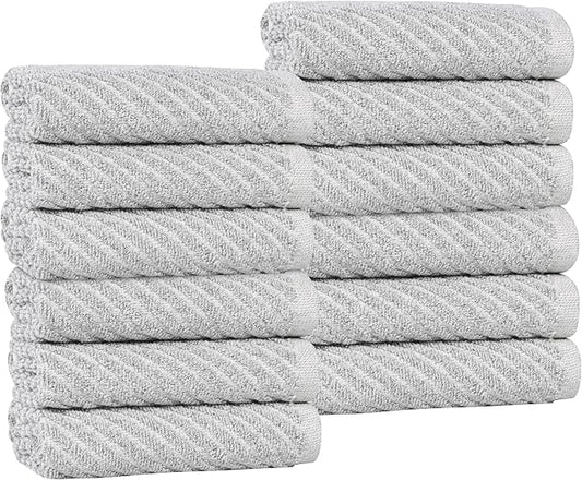 Superior Amelia Viscose Cotton Blend Medium Weight Small Towels, For Kitchen, Bathroom, Shower, Spa, Plush, Quick Dry, Ultra-Soft Essentials, Ribbed Design, Face Towels Washcloths, Set of 12, Platinum