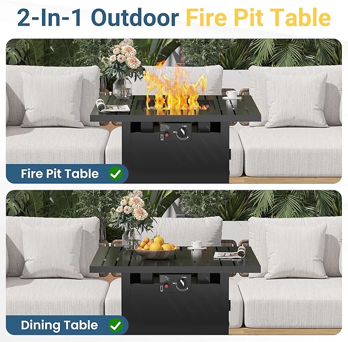 FansaFurn 30'' Propane Fire Pit Table, 50000 BTU Gas Fire Pits Table with Removable Lid and Lava Rock, Square Fire Table with Cover, Ideal for Dining or Party on Patio, Garden, Yard, Black