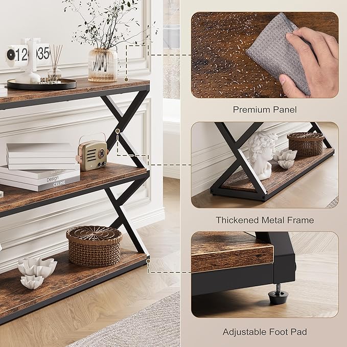 47.2 Inch Rustic Console Table, Industrial Entryway Table with 3-Tier Shelves - Long Hallway Sofa Table, TV Stand & Media Center for Living Room, Vintage Brown