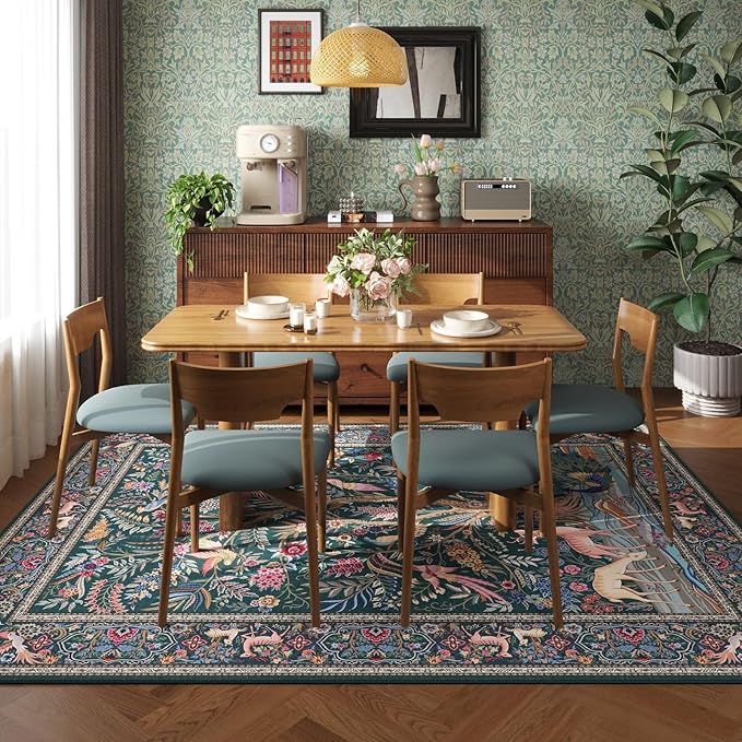 Area Rugs 5x7 Vibrant Tree of Life-Patterned Vintage Washable Area Rug Non Slip Low Pile Large Rugs for Living Room Bedroom Farmhouse Dining Room Kids Playroom, Green
