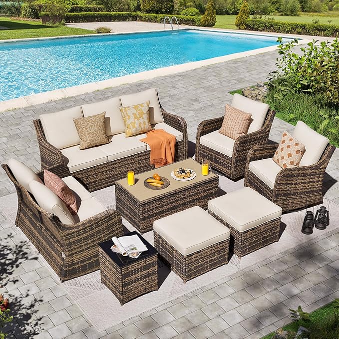 Patio Furniture Set with Swivel Rocking Chairs, 8 Pieces Patio Conversation Set, Outdoor Wicker Sofa Couch with Waterproof Cushions for Lawn Backyard Porch (Brown)