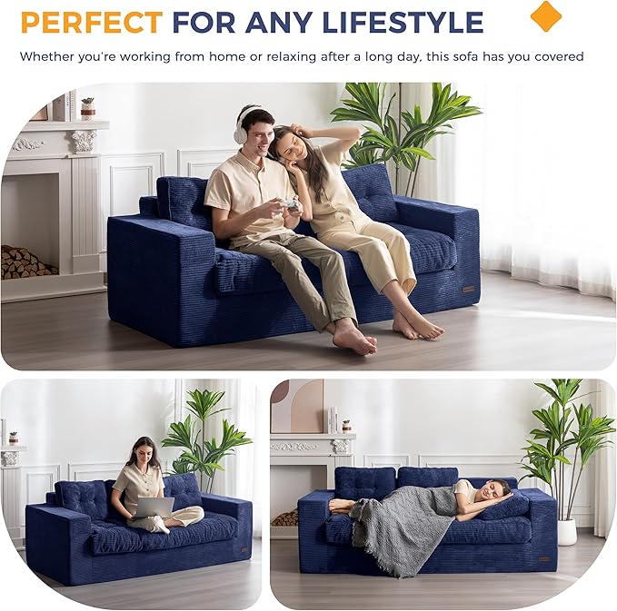 MAXYOYO 3 Seater Couch for Living Room, Boneless Couch with Tufted Cushion & Backrest, Upholstered Floor Sofa with Armrests, Sofa in A Box, No Assembly Required, Navy