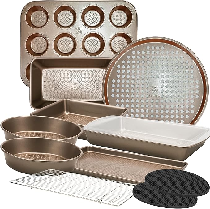 KITCHENATICS 12-Piece Carbon Steel Baking Pans Set Nonstick, Kitchen Essentials for New Home, Nonstick Bakeware Sets w/Cake Pans, Muffin Pan Set, Oven Pan - Stackable Bakeware Set, Champagne Gold