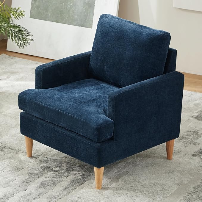 VKNOW Mid-Century Accent Chairs Set of 2, Modern Upholstered Chenille Armchair for Living Room,Comfy Reading Accent Chairs with Wood Legs for Bedroom, Navy Blue
