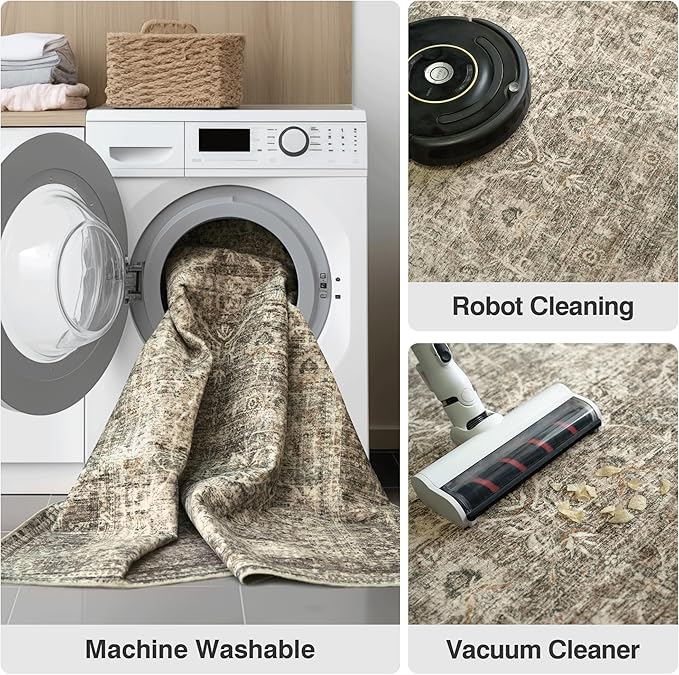 FMFUNCTEX 6x9 Washable Area Rug Vintage Neutral Distressed Large Taupe Non Slip Carpet for Living Room Bedroom Soft Low Pile Indoor Mat Retro Floral Throw Rug for Dining Room Kitchen Office Nursery