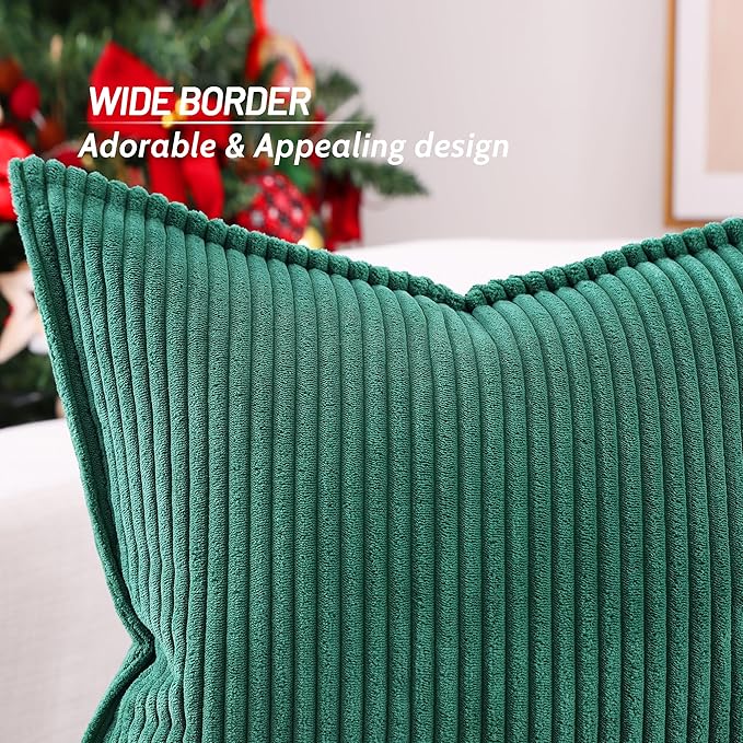 Mecatny Corduroy Throw Pillow Covers 24x24 Set of 2, Neutral Decorative Soft Boho Couch Pillow Covers with Broadside for Sofa Living Room, Green