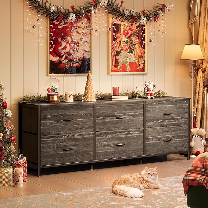 Huuger 63 Inch Long Dresser for Bedroom, TV Stand for 55, 65, 70 Inch TV, 6 Drawer Dresser for Closet with Fabric Drawers, Storage Organizer for Bedroom, Entryway, Charcoal Black Wood Grain Print