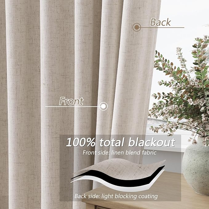 Guken Linen Blackout Curtains 102 Inch Length 2 Panels Set for Living Room Bedroom Back Tab Thermal Insulated 100% Black Out Linen Drapes Room Darkening Window Curtains 102 Inches Long, Sand Beige