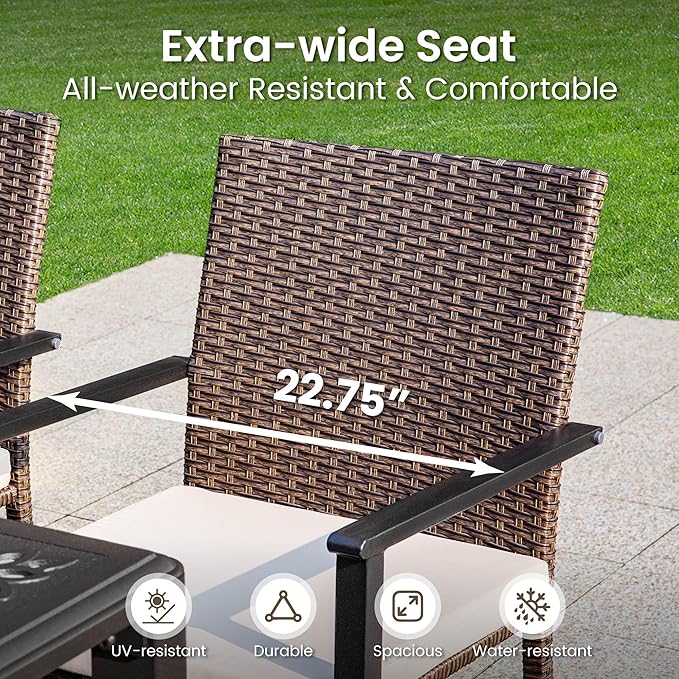 PHI VILLA 5 Piece Outdoor Dining Table Set for 4, 42” Round Steel Dining Table with Umbrella Hole & 4 Metal-Frame Wicker Chairs for Patio, Deck, Yard, Porch