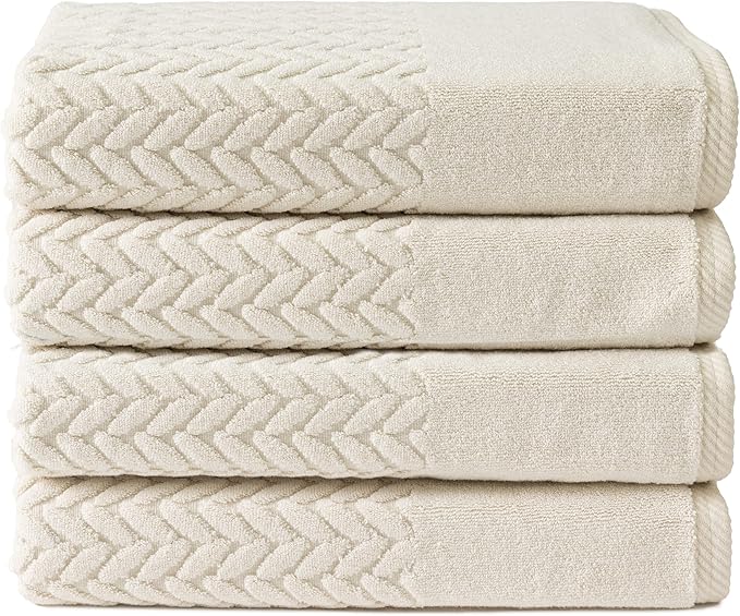 Texere 100% Organic Cotton Jacquard 650 GSM Premium Bath Towel Sets - Extra Absorbent Quick Dry and Plush (Cable, Birch, 4 Bath Towels)
