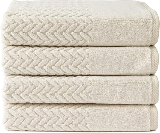 Texere 100% Organic Cotton Jacquard 650 GSM Premium Bath Towel Sets - Extra Absorbent Quick Dry and Plush (Cable, Birch, 4 Bath Towels)