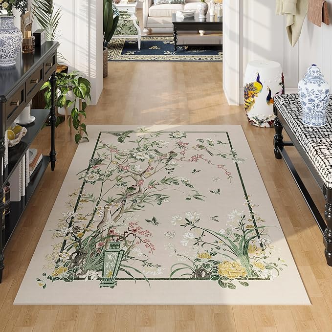 4x6 Rug Chinoiserie-Style Floral Vintage Washable Area Rugs Non Slip Low Pile Small Carpet for Bedroom, Bedside, Kids Room, Office, Dining Room, Beige