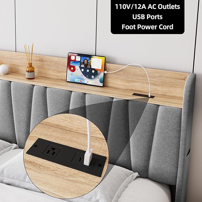 GarveeHome Upholstered Bed Frame with Storage Headboard and Charging Station, Platform Bed Frame with Drawers, Heavy Duty, No Box Spring Needed, Easy Assembly, Grey, Full Size