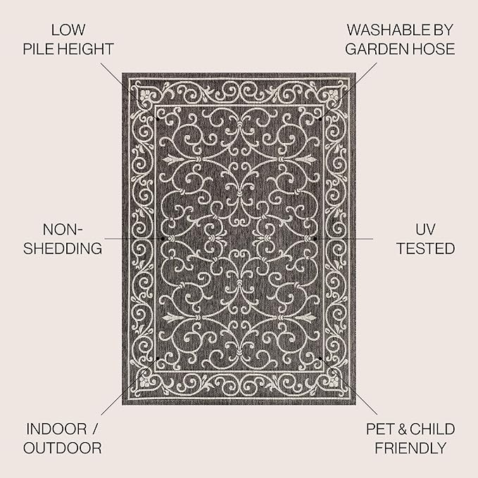 JONATHAN Y SMB106G-5SQ Charleston Vintage Filigree Textured Weave Black/Gray 5' Square Indoor/Outdoor Area Rug, Pet Friendly, Non-Shedding, Stain Resistant, Easy-Cleaning for Backyard, Patio, Porch