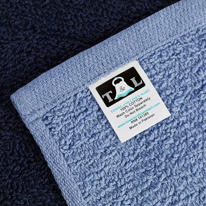 Towel and Linen Mart 100% Cotton - Wash Cloth Set - Flannel Face Cloths, Highly Absorbent and Soft Feel Fingertip Towels (Navy, White & Sky Blue, Pack of 12)
