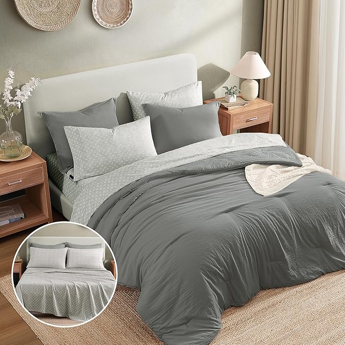 Monbix Queen Comforter Set - 7 Pieces Granite Grey Prewashed Bed in a Bag Queen Bedding Sets with Comforters, All Seasons Down Alternative Comforter Bed Set with Sheets,Pillowcases & Shams