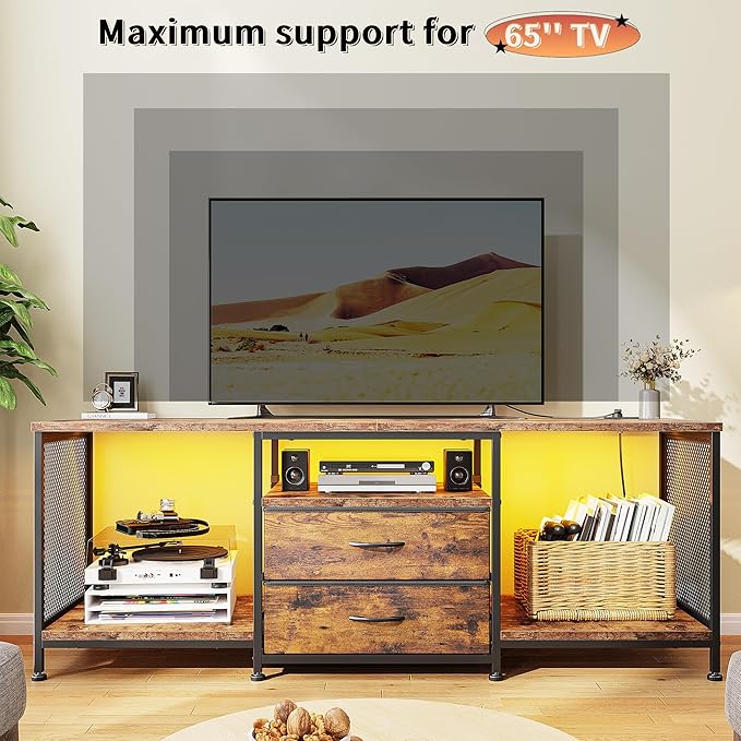 55" W TV Stand for Bedroom with LED Lights & Power Outlets Dresser TV Stand with 2 Drawers for 65" TV with Open Storage Shelves