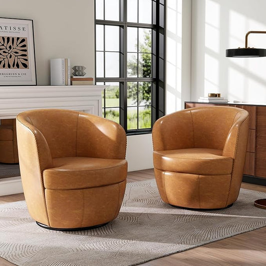 Swivel Barrel Chair, Modern Round PU Leather Accent Armchair for Living Room, Bedroom, Comfy Club Reading Chairs for Adults (Leather Light Brown, Set of 2)