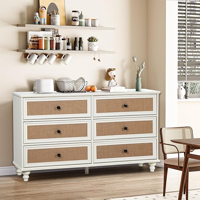 6 Drawer Dresser for Bedroom, Mid Century Modern Wide Wood Rustic Chest of Drawers Wooden Storage Organizer Dressers with Burlap Rattan Drawers for Living Room, Hallway Closet, Entryway, Beige White