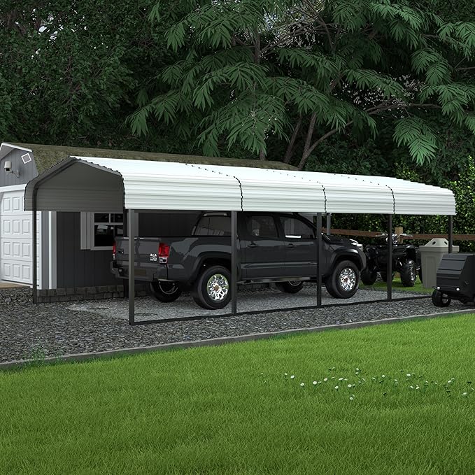 VEIKOU 12'x20' Metal Carport, Outdoor Car Ports Canopy with Strong Steel Frame, Upgraded Heavy Duty Carport Garage Car Shelter with Sloped Steel Roof for Truck, Boat, Beige