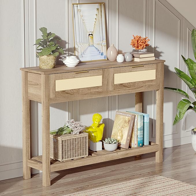 Console Tables with 2 Drawers,Rattan Entryway Table with Storage Shelf,Wood Boho Foyer Tables for Entryway,Farmhouse Console Tables for Living Room,Hallway, Sofa Table,Study Or TV Wall