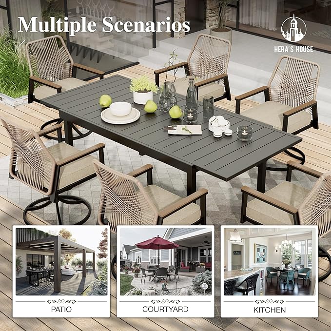 HERA'S HOUSE 9 Pieces Patio Table and Chairs Set, Outdoor Dining Set for 8, 8 x Cushioned Swivel Chairs and 1 x Extendable Dining Table, Patio Dining Set for Lawn Garden Backyard