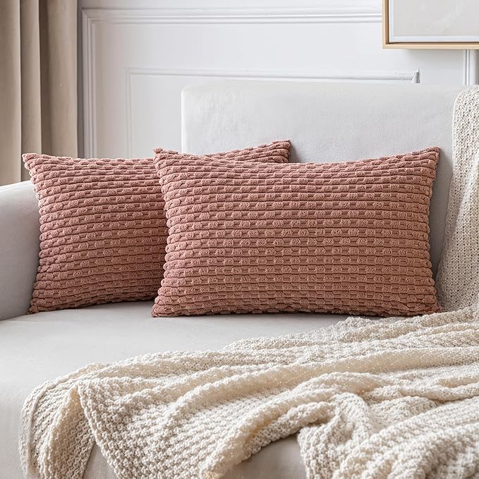 MIULEE Throw Pillow Covers Soft Corduroy Decorative Set of 2 Boho Striped Pillow Covers Pillowcases Farmhouse Home Decor for Couch Bed Sofa Living Room 12x20 Inch Blush Pink