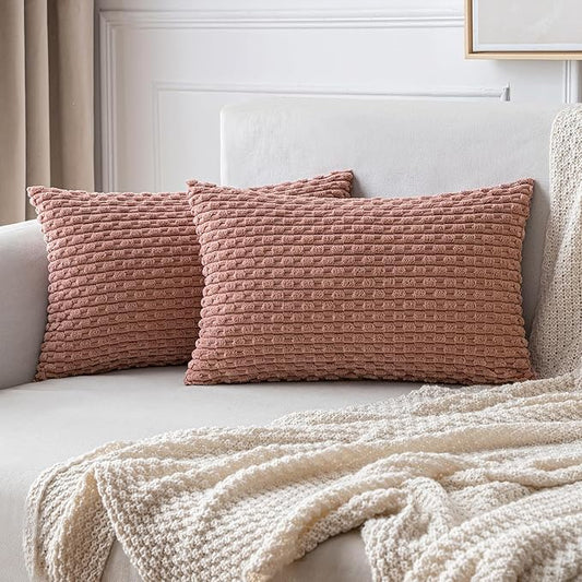 MIULEE Throw Pillow Covers Soft Corduroy Decorative Set of 2 Boho Striped Pillow Covers Pillowcases Farmhouse Home Decor for Couch Bed Sofa Living Room 12x20 Inch Blush Pink