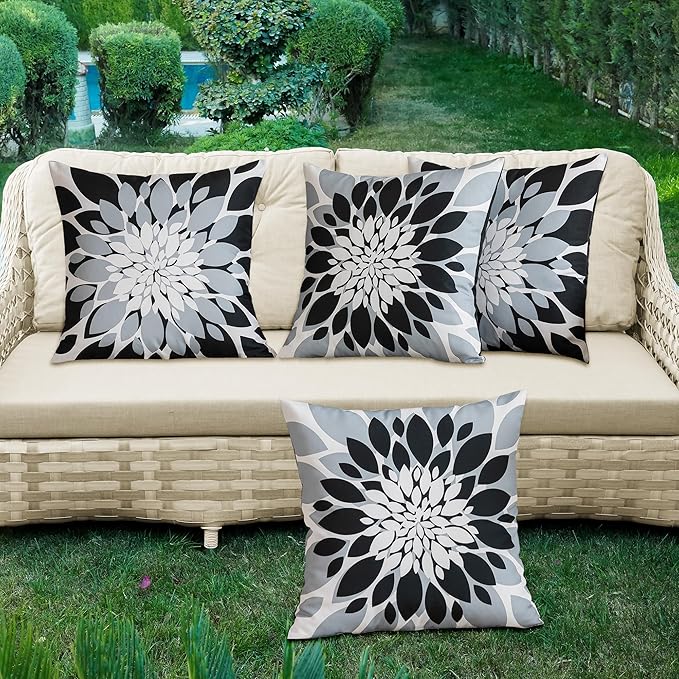Qahing Pack of 4 Outdoor Waterproof Pillow Covers 18x18 Decorative Outdoor Throw Pillows Garden Square Cushion Cases for Patio Furniture, Couch, Tent Sunbrella, Bench, Black Grey