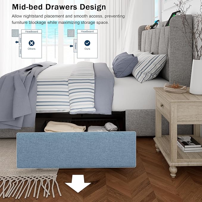 King Size Bed Frame with 4 Storage Drawers, Upholstered Platform Bed with Charging Station, Modern Wingback Storage Headboard, Easy Assembly,Noise-Free, Light Gray